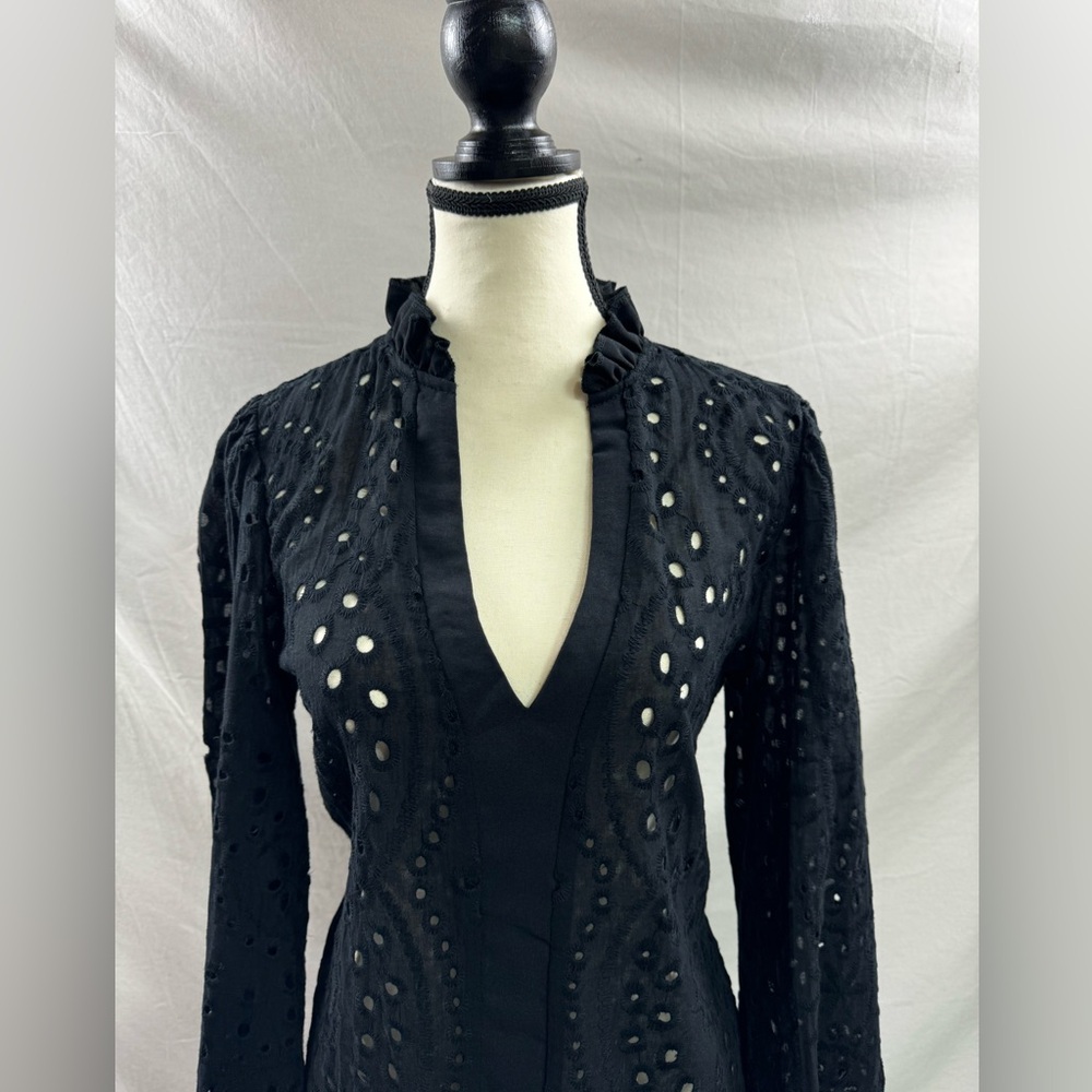 Black Eyelet Embroidered Blouse – Ruffle Stand Collar Split V-Neck Peasant Top - Picture 6 of 9